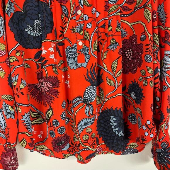 Loft orange blue floral chiffon pleated preppy office button blouse oversized XS - Picture 3 of 7